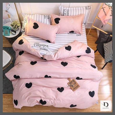 Pink Comforter Set with Grey Stripes and Hearts