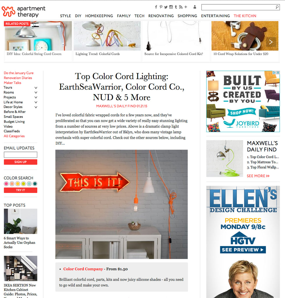 Apartment Therapy webpage with 'Top Color Cord Lighting' 
