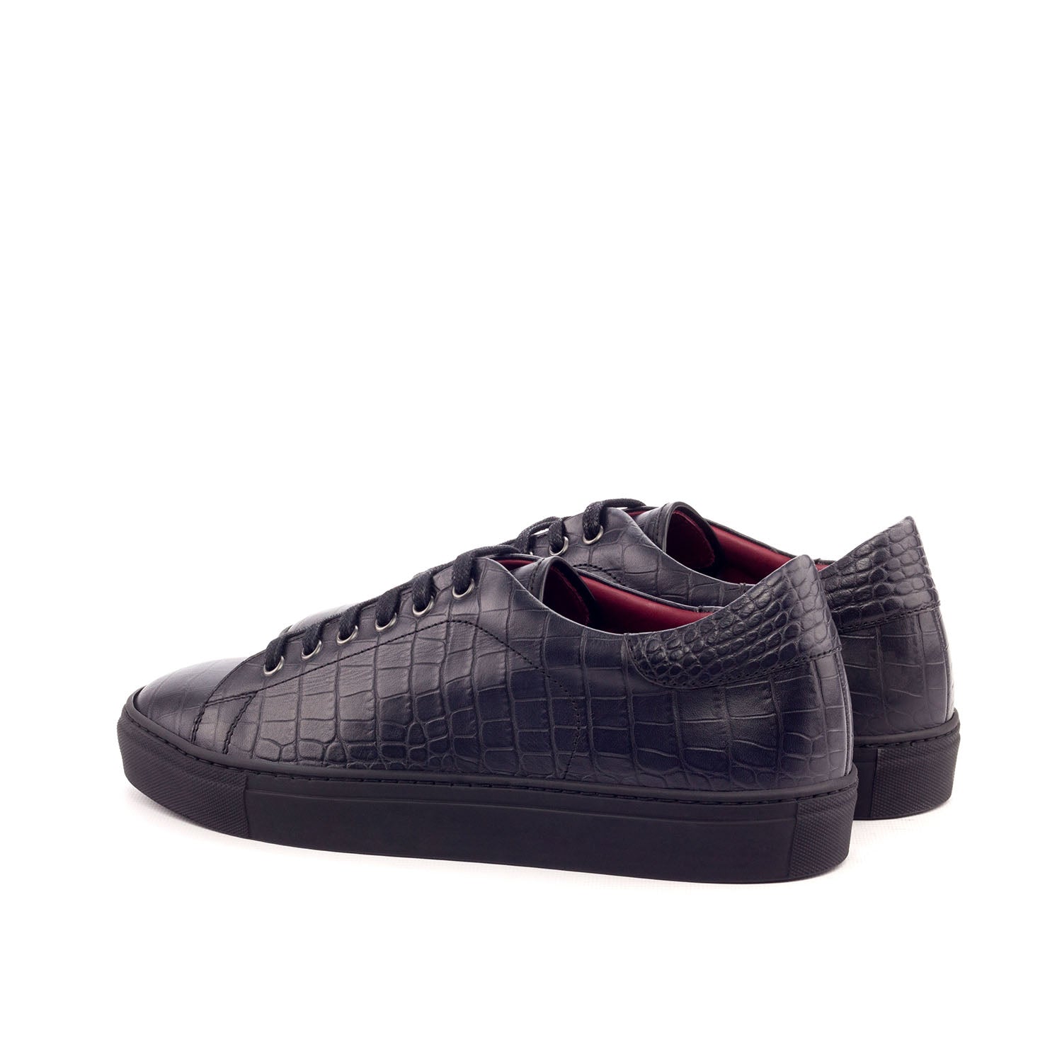 Ambrogio Bespoke Men's Handmade Custom Shoes Black Crocodile Print / Calf-Skin Leather Casual Trainer Sneakers (AMB1622)