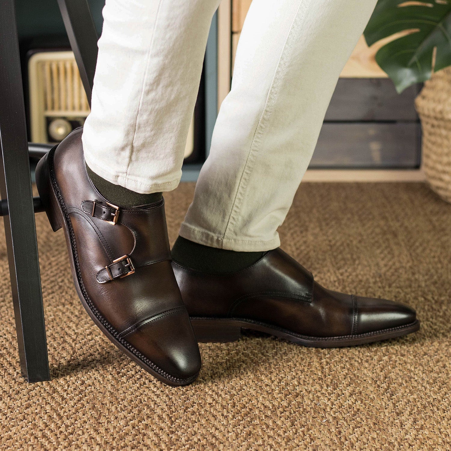 Ambrogio Bespoke Men's Shoes Brown Calf-Skin Leather Double Monk-Straps Loafers (AMB2461)