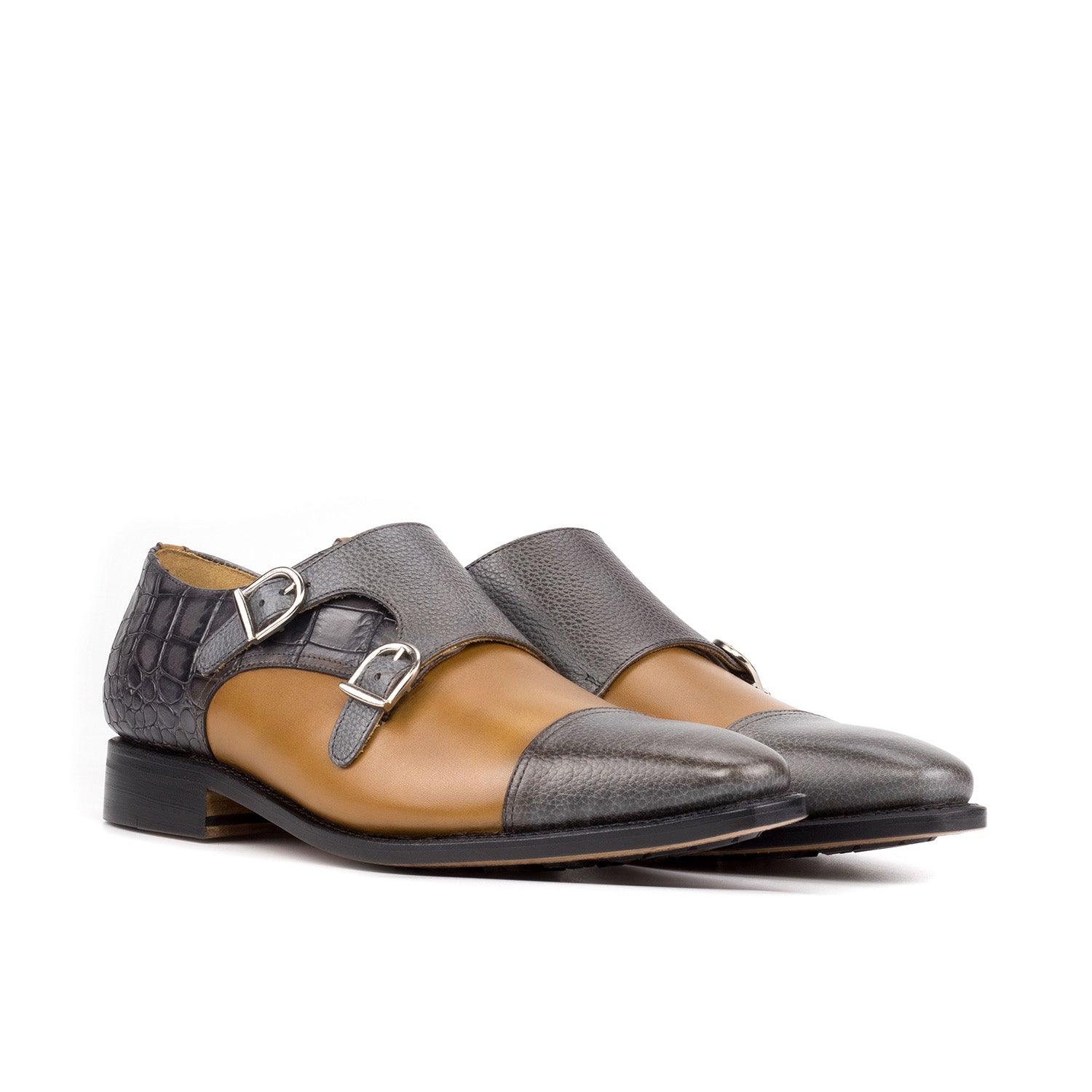 Ambrogio Bespoke Men's Shoes Cognac & Gray Multi-Materials Monk-Straps Loafers (AMB2442)