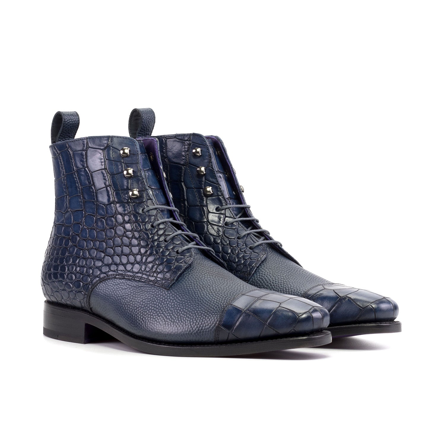 Ambrogio Luxury Men's Shoes Navy Crocodile Print / Pebble Grain Leather Jumper Boots (AMB2545)