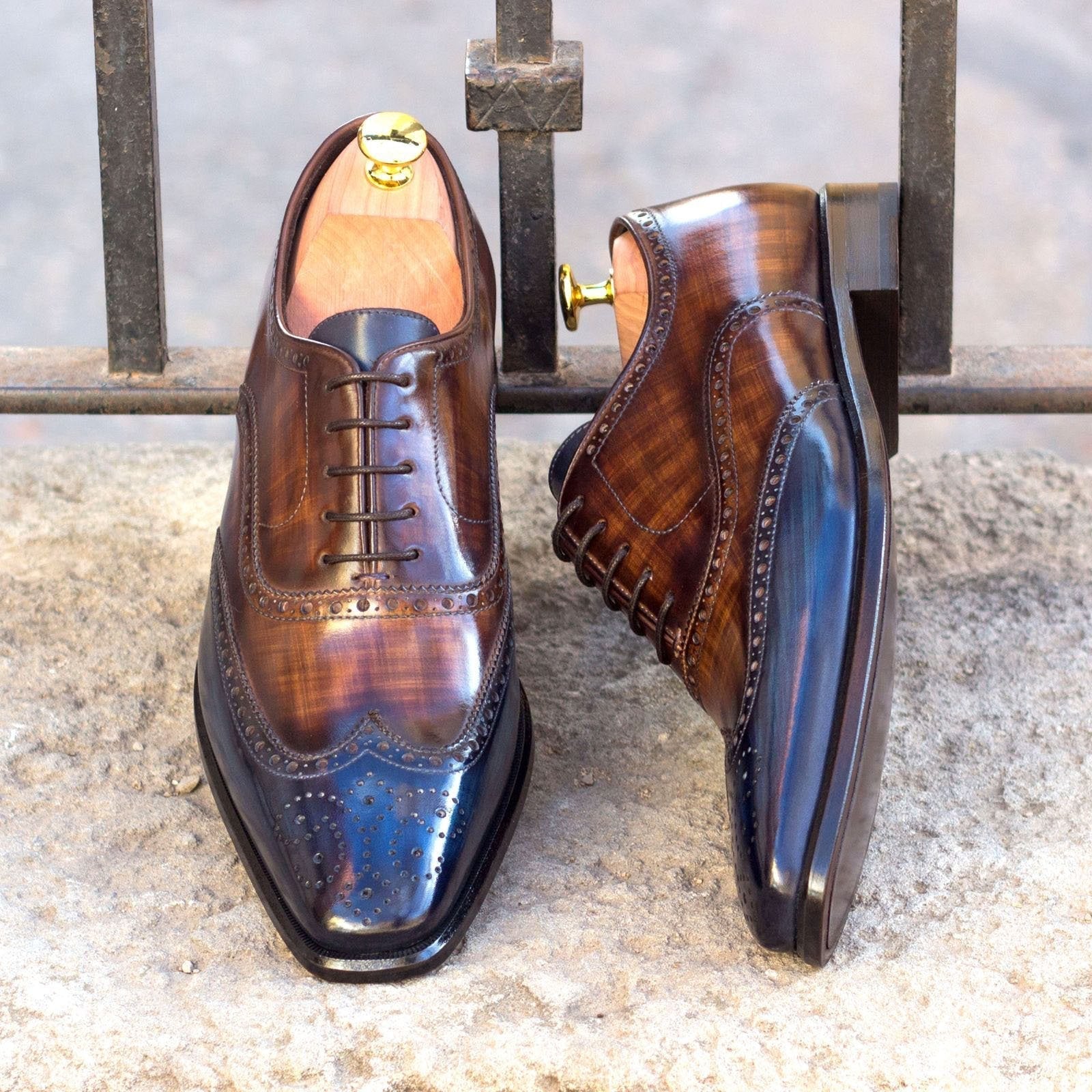 Ambrogio Men's Handmade Custom Made Shoes Brown & Denim Blue Calf-Skin / Patina Leather Brogue Oxfords (AMB1160)