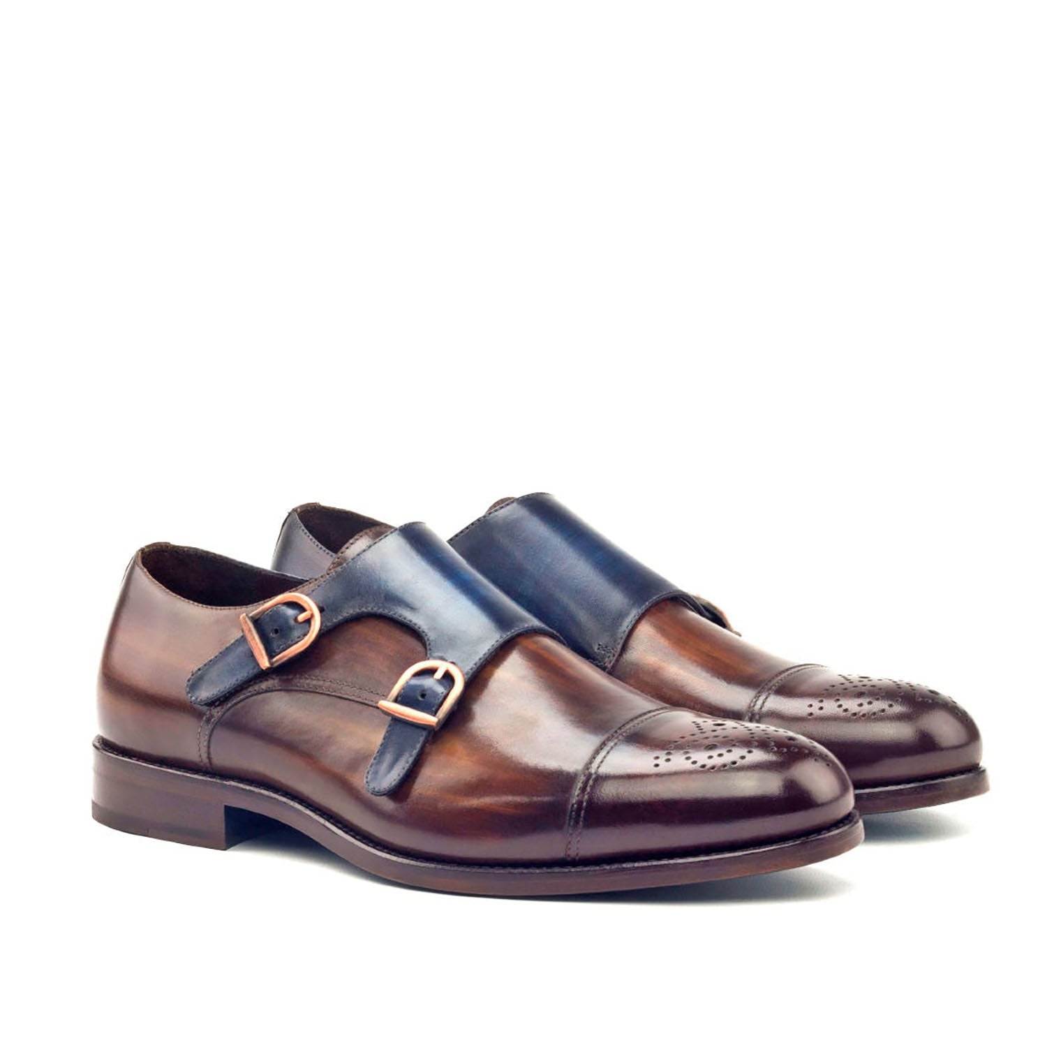 Ambrogio Men's Handmade Custom Made Shoes Denim Blue & Brown Leather Monk-Straps Loafers (AMB1155)