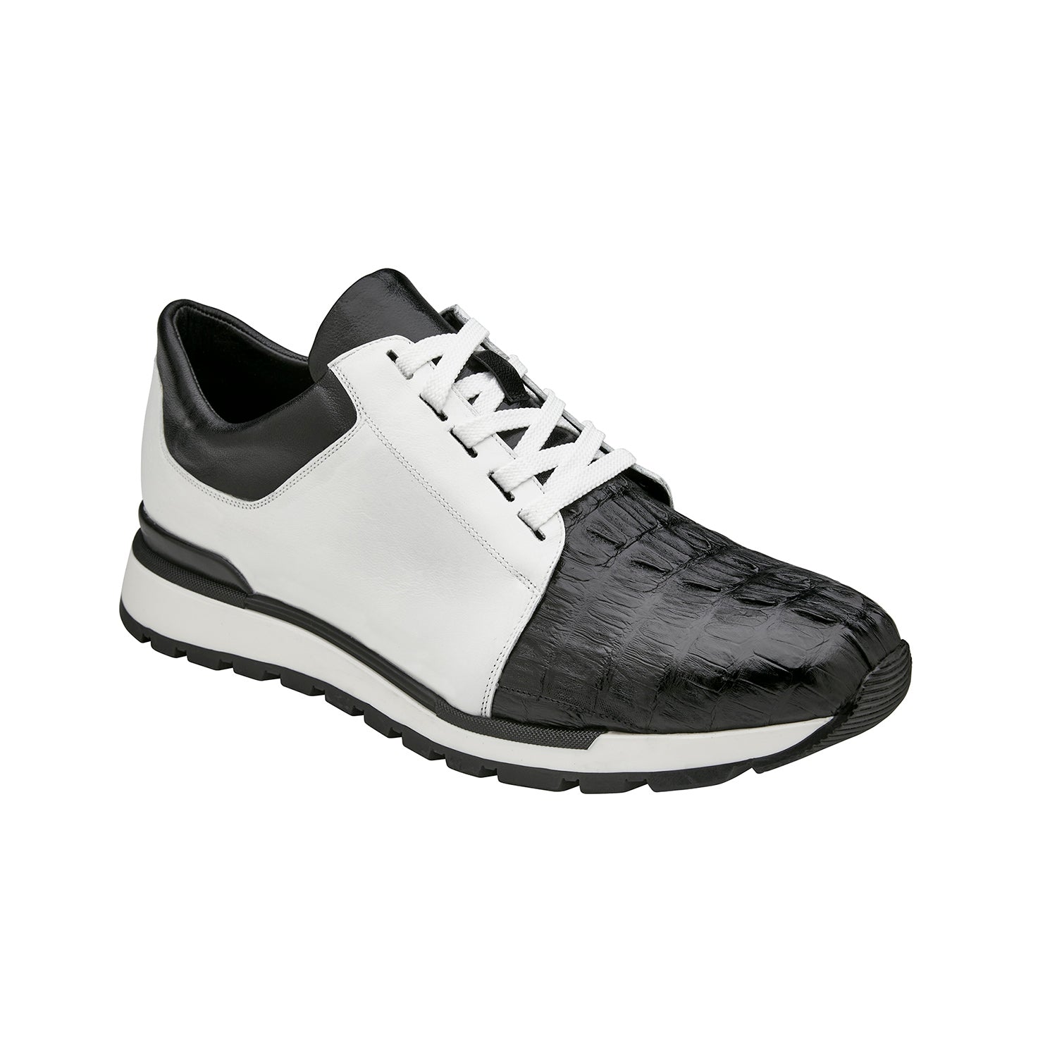 Belvedere 33631 Titan Men's Shoes Black & White Exotic Caiman Crocodile / Calf-Skin Leather Casual Sneakers (BV3169)