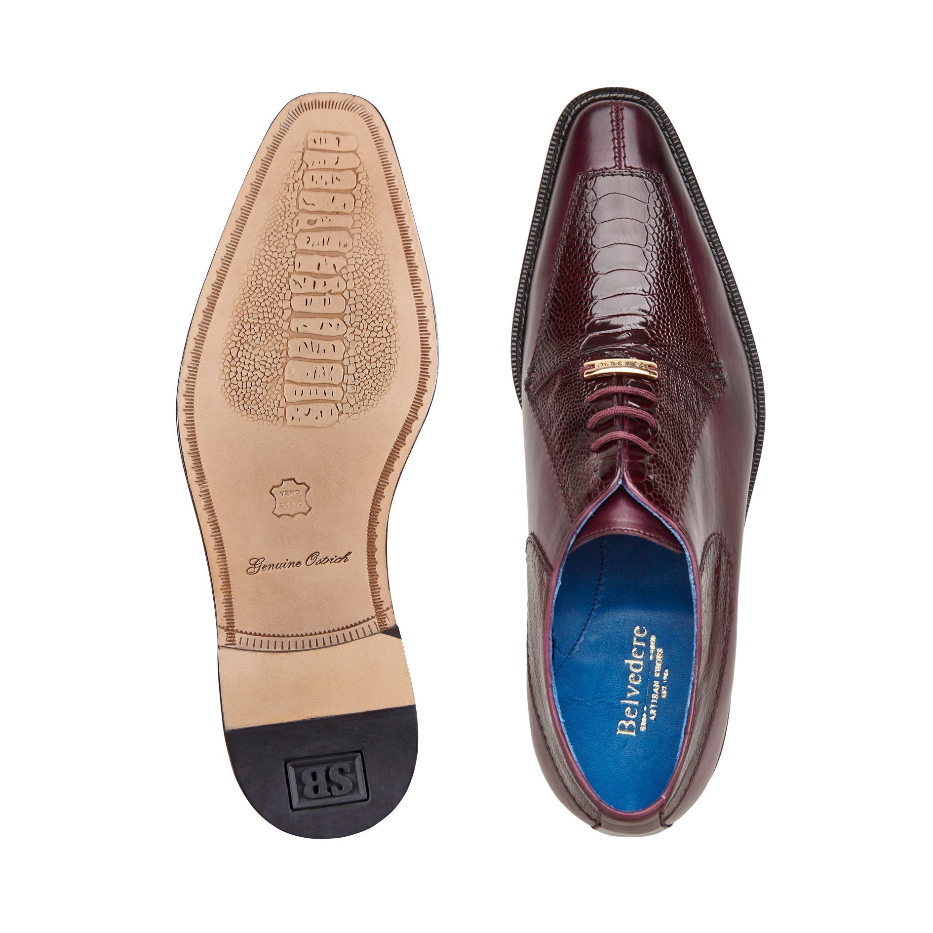 Belvedere Biago B13 Men's Shoes Burgundy Exotic Ostrich / Calf-Skin Leather Split-Toe Oxfords (BV3116)