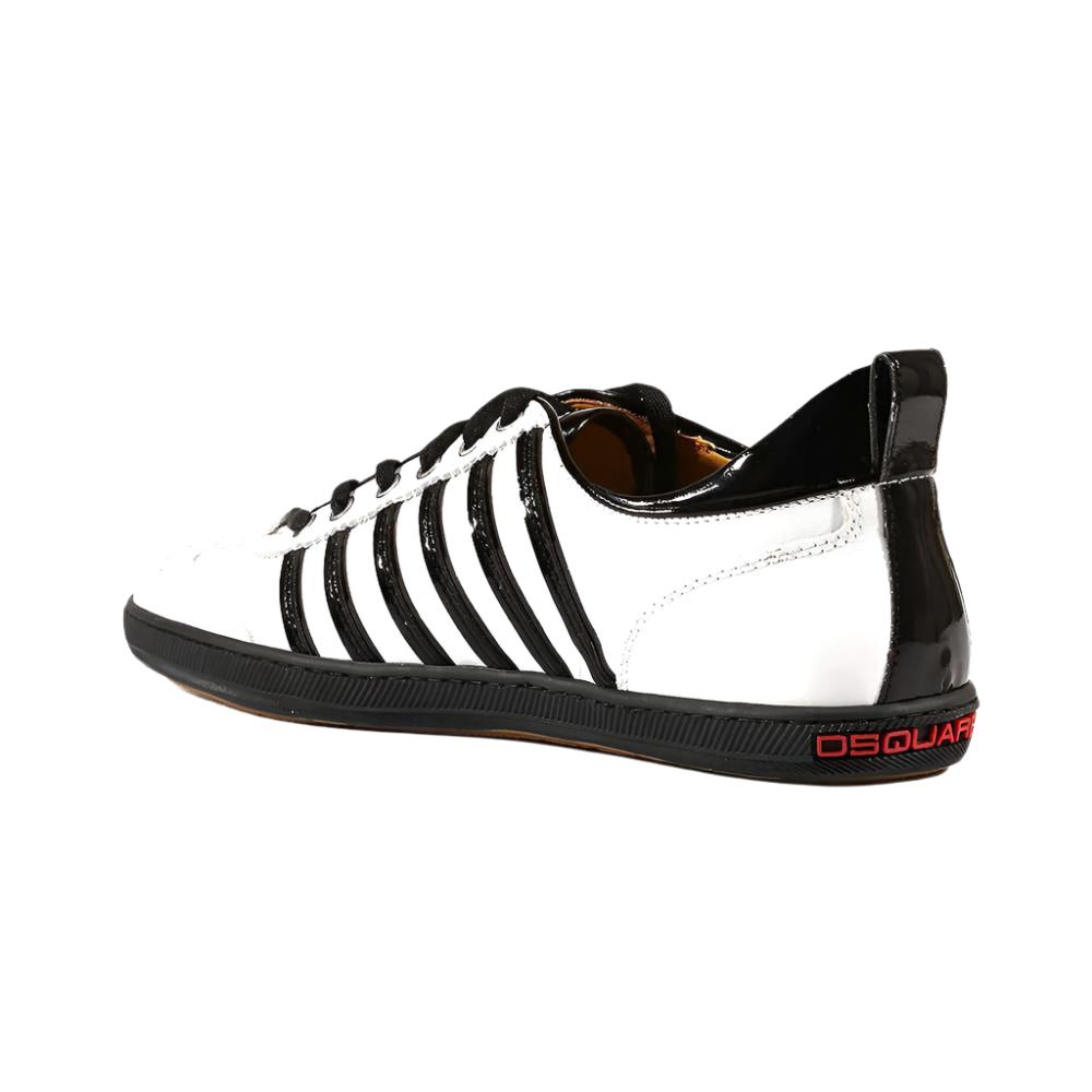 Dsquared Men's Designer Shoes White with Black Strips Patent / Calf-Skin Leather Sneakers(DSM10)