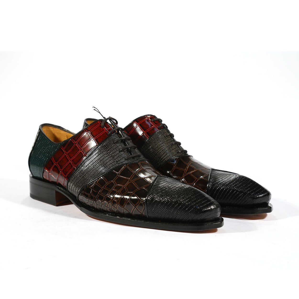 Ambrogio 39139 Men's Luxury Handmade Shoes Multi-Color Lizard Print / Crocodile Print / Calf-Skin Leather Oxfords (AMBS1001)