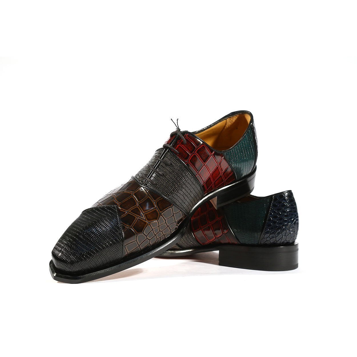 Ambrogio 39139 Men's Luxury Handmade Shoes Multi-Color Lizard Print / Crocodile Print / Calf-Skin Leather Oxfords (AMBS1001)