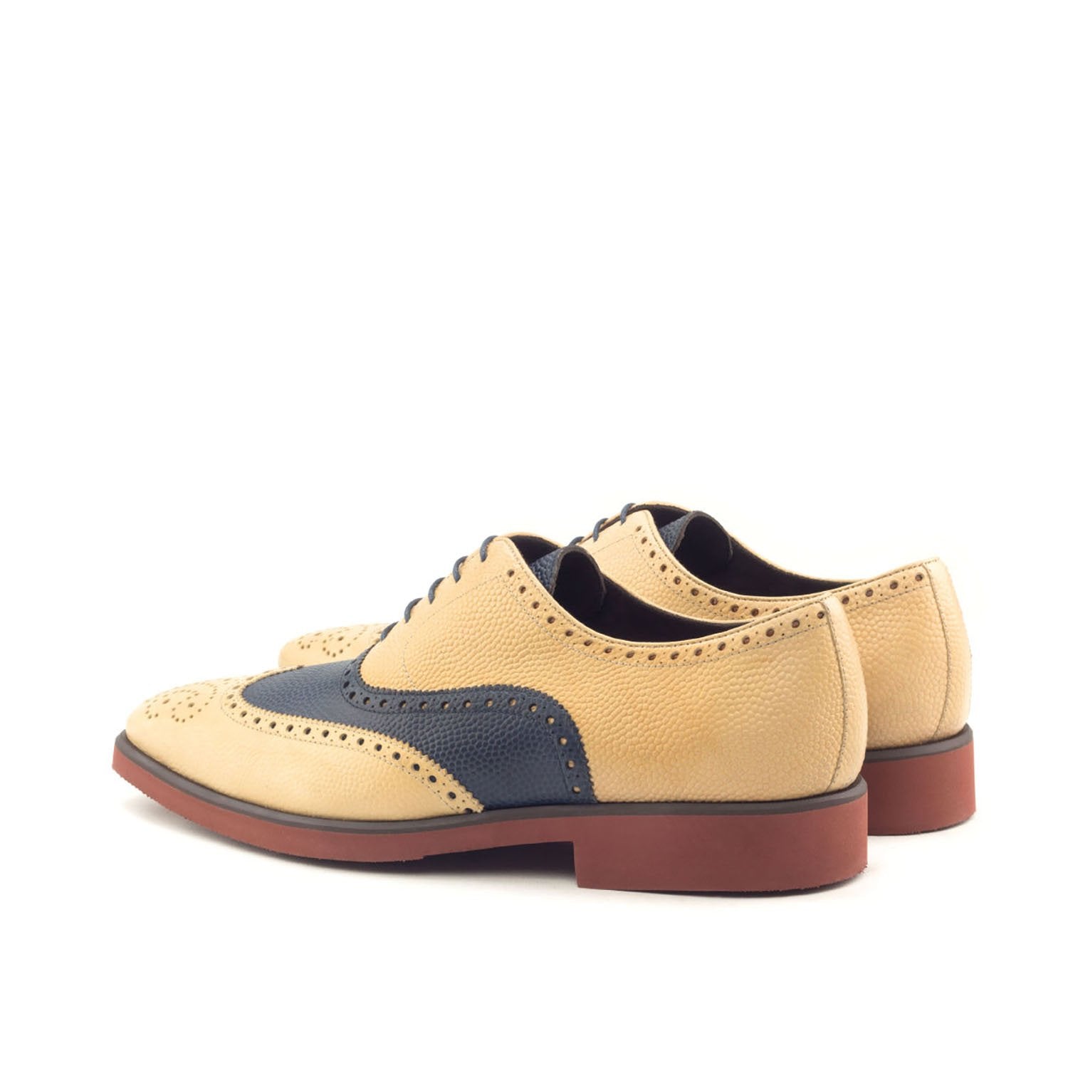 Ambrogio Bespoke Custom Men's Shoes Beige & Navy Pebble Grain Leather Full Brogue Oxfords (AMB2145)