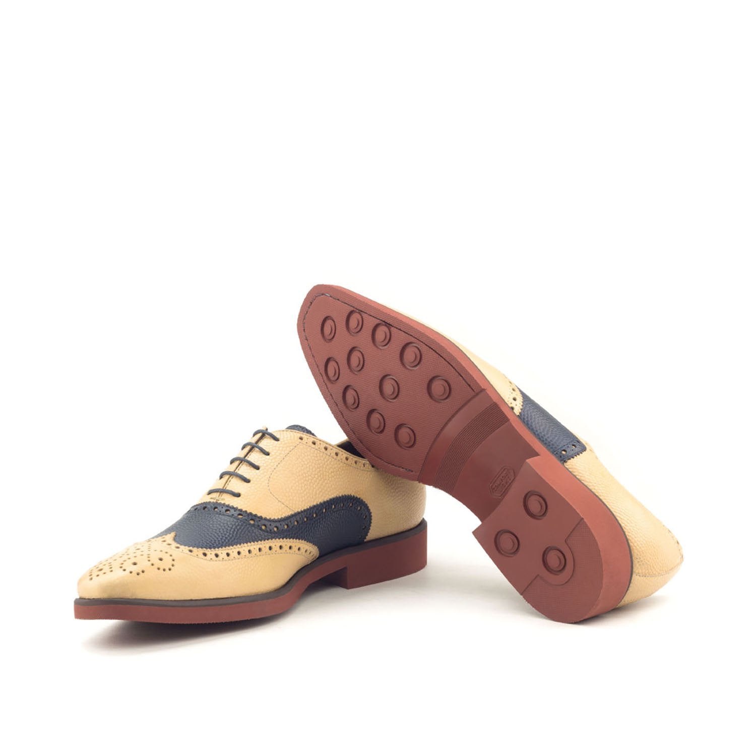 Ambrogio Bespoke Custom Men's Shoes Beige & Navy Pebble Grain Leather Full Brogue Oxfords (AMB2145)