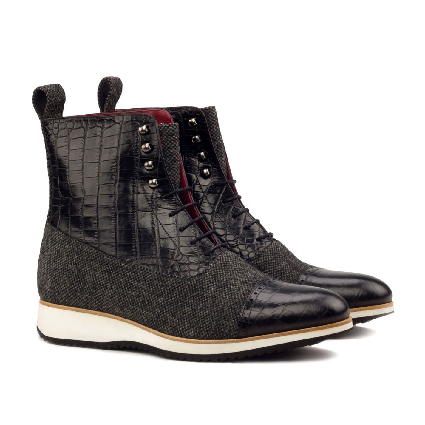 Ambrogio Bespoke Custom Men's Shoes Black & Gray Fabric / Crocodile Print Leather Balmoral Boots (AMB2128)