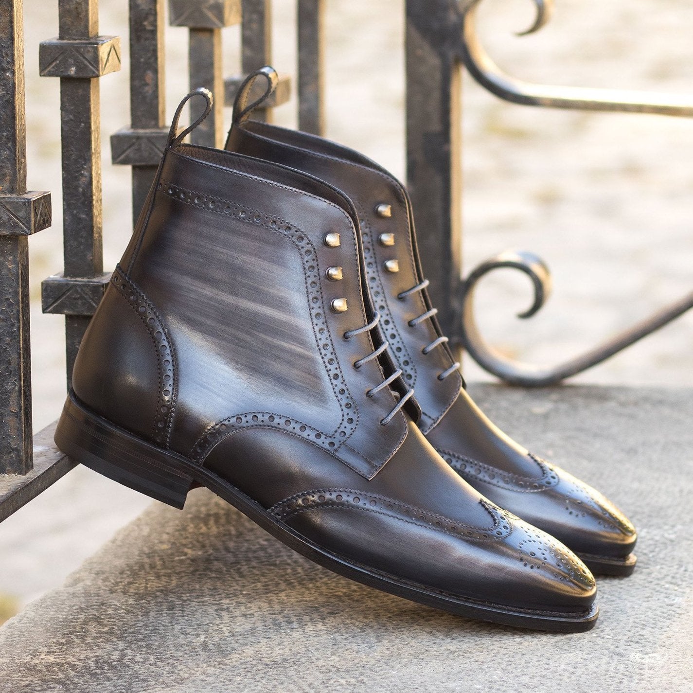 Ambrogio Bespoke Custom Men's Shoes Black & Gray Patina Leather Military Brogue Boots (AMB2216)