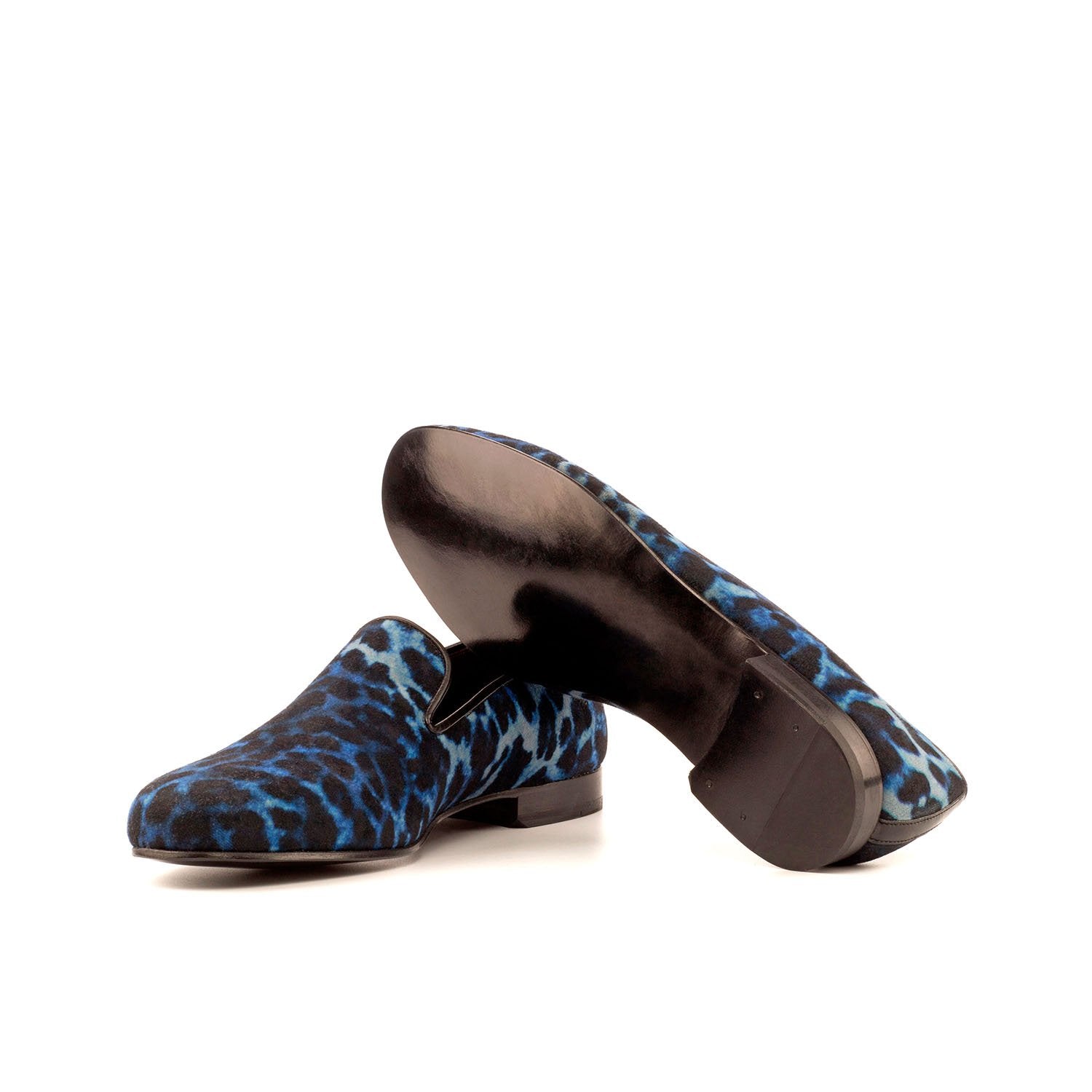 Ambrogio Bespoke Custom Men's Shoes Black & Navy Leopard Print / Calf-Skin Leather Wellington Loafers (AMB1962)