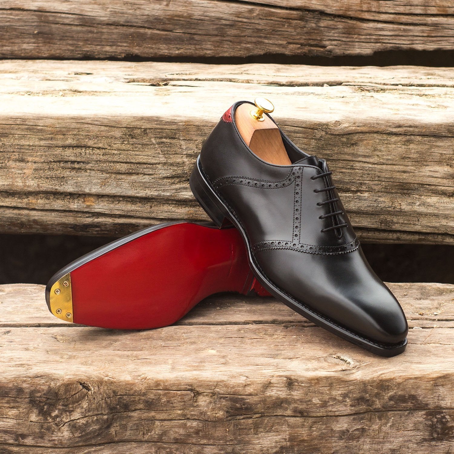 Ambrogio Bespoke Custom Men's Shoes Black & Red Calf-Skin Leather Saddle Oxfords (AMB1899)