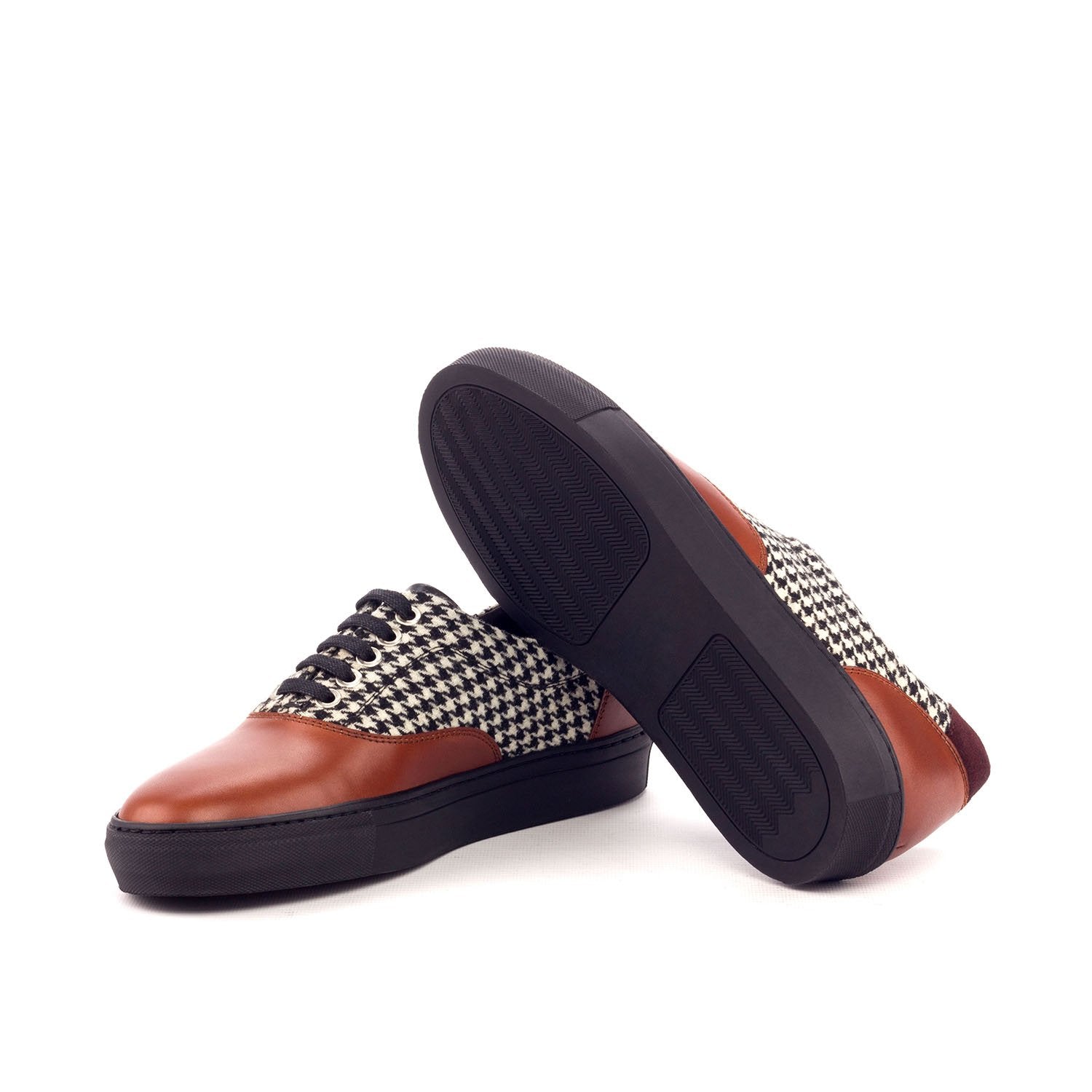 Ambrogio Bespoke Custom Men's Shoes Black, White & Cognac Fabric / Suede / Calf-Skin Leather Sneakers (AMB1916)