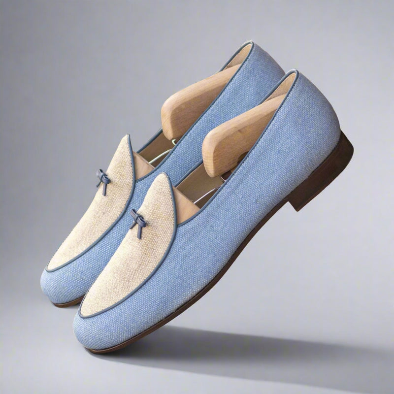 Ambrogio Bespoke Custom Men's Shoes Blue Beige Fabric Belgian – AmbrogioShoes