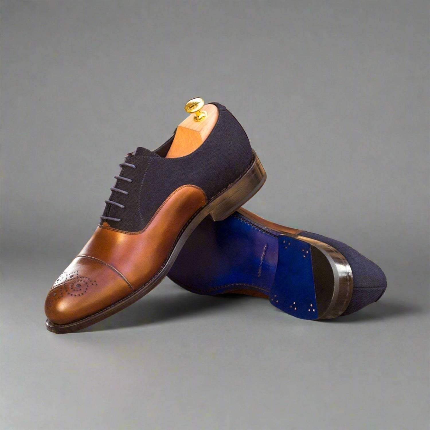 Ambrogio Bespoke Custom Men's Shoes Brown & Navy Fabric / Calf-Skin Leather Oxfords (AMB1994)