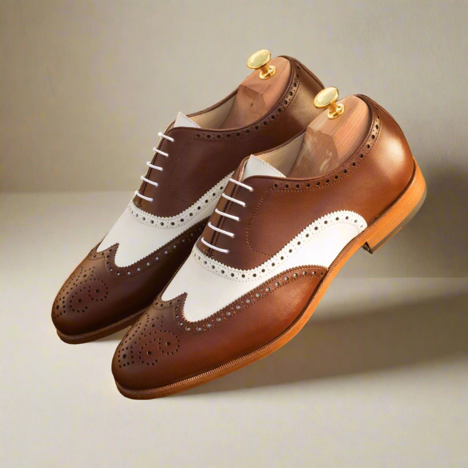 Ambrogio Bespoke Custom Men's Shoes Brown & White Calf-Skin Leather Full Brogue Oxfords (AMB2113)