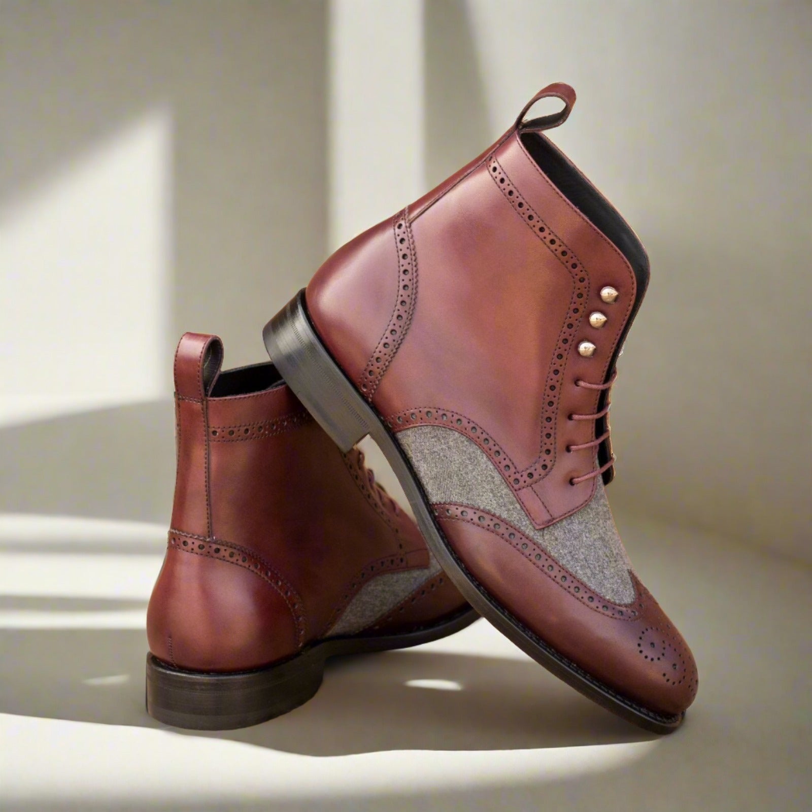 Ambrogio Bespoke Custom Men's Shoes Burgundy & Gray Flannel / Calf-Skin Leather Military Boots (AMB2183)