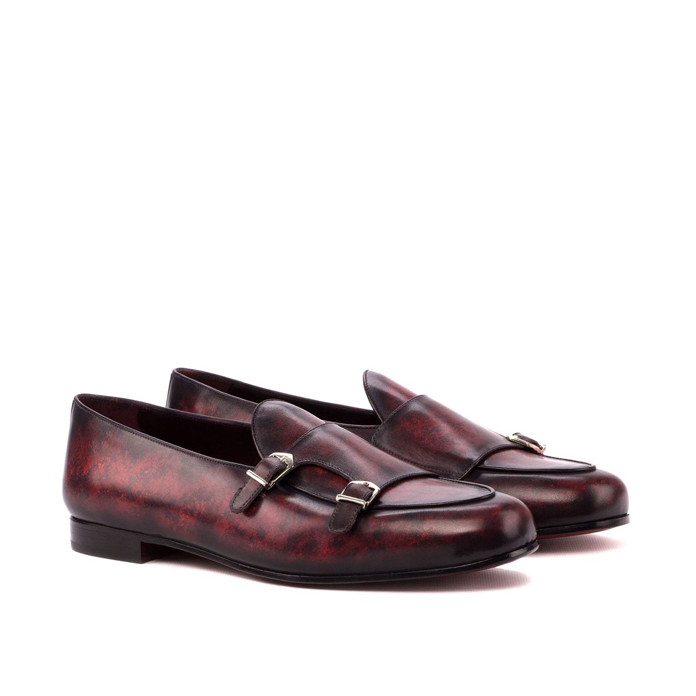 Ambrogio Bespoke Custom Men's Shoes Burgundy Patina Leather Monk-Straps Loafers (AMB1902)