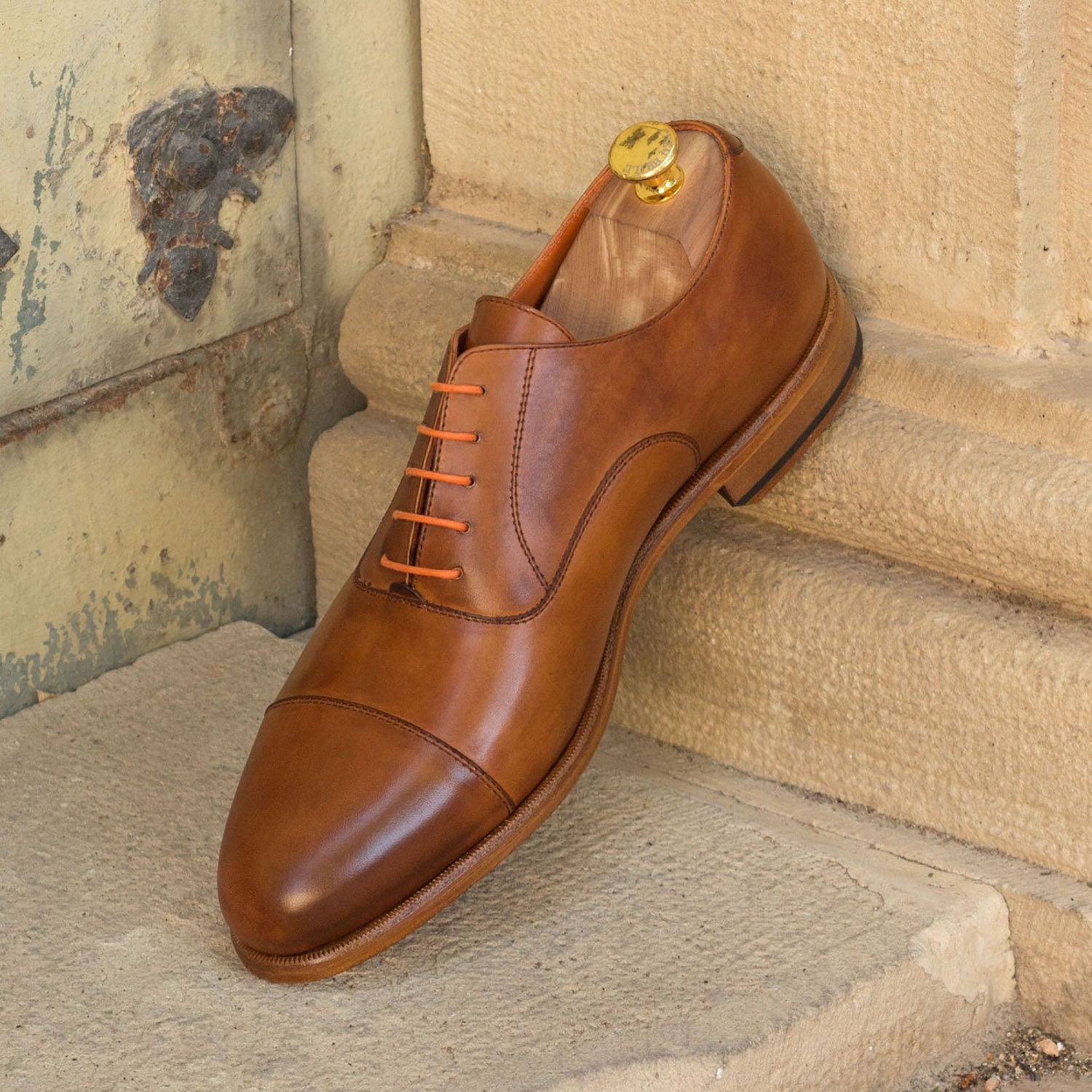 Ambrogio Bespoke Custom Men's Shoes Cognac Calf-Skin Leather Wingtip Oxfords (AMB1888)