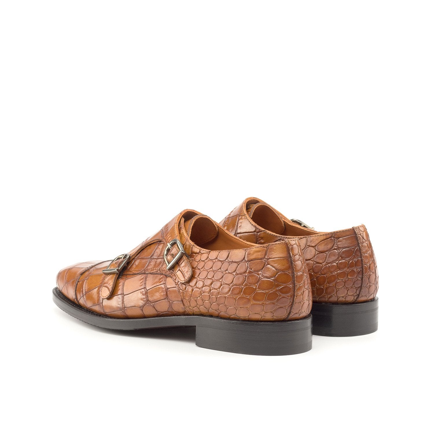 Ambrogio Bespoke Custom Men's Shoes Cognac Crocodile Print / Calf-Skin Leather Monk-Straps Loafers (AMB2195)