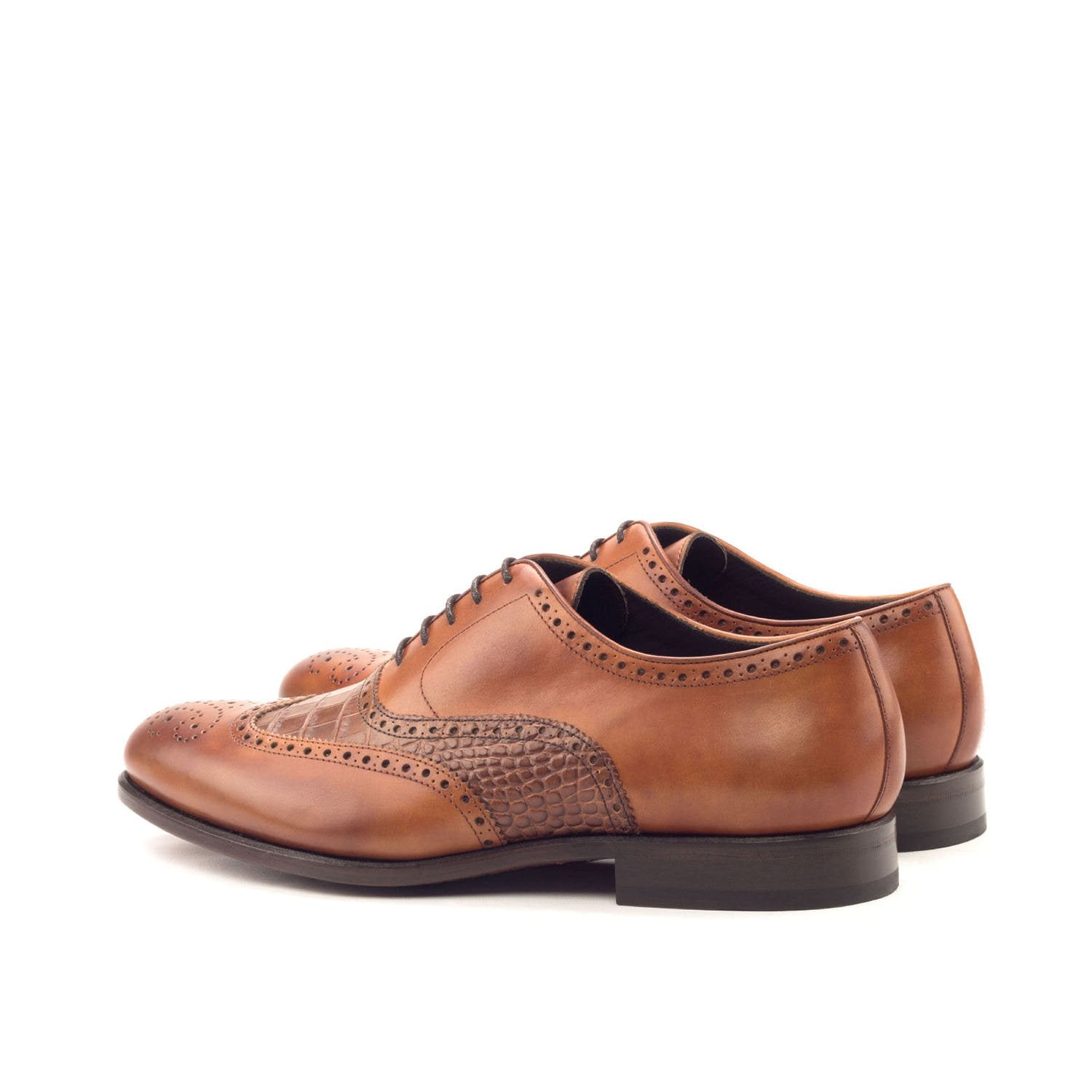 Ambrogio Bespoke Custom Men's Shoes Cognac & Dark Brown Crocodile Print / Calf-Skin Leather Wingtip Oxfords (AMB1929)