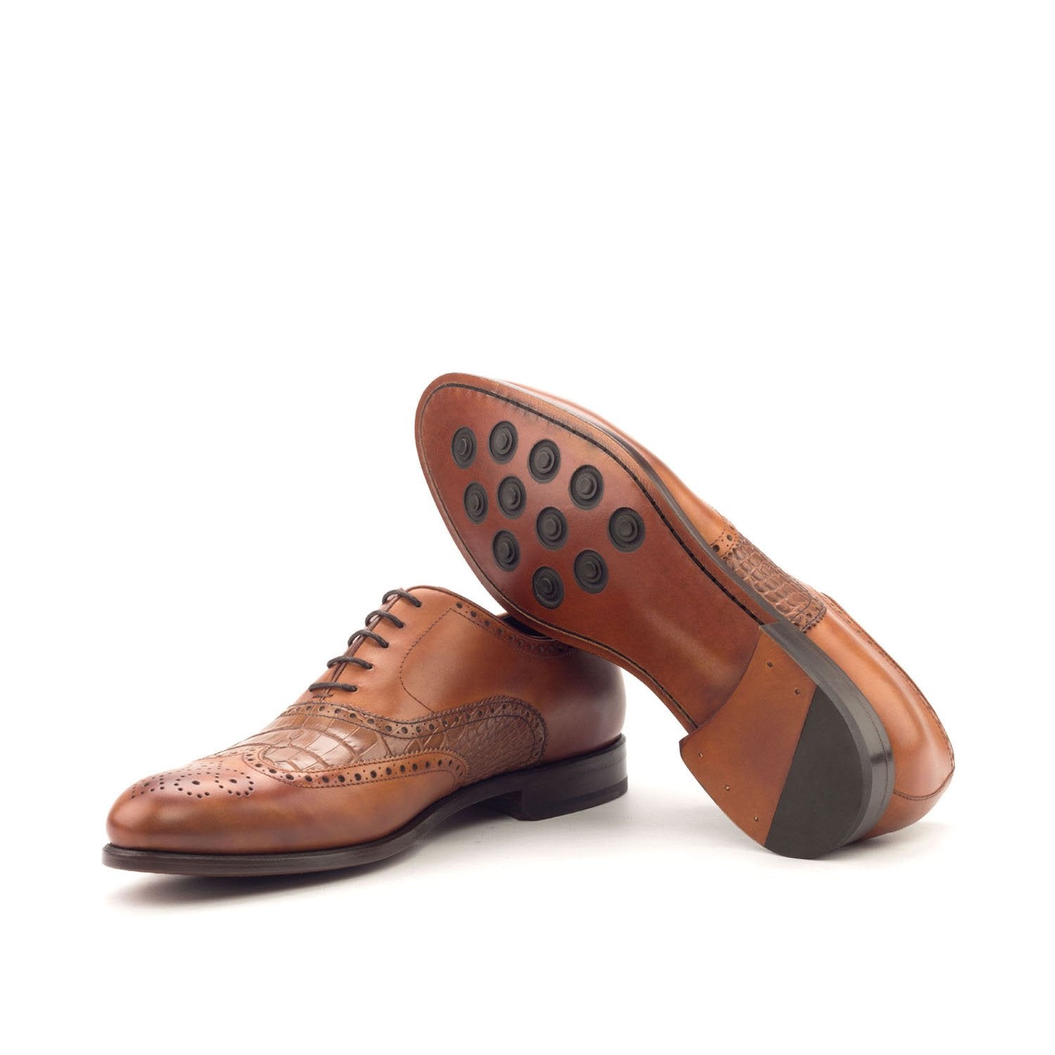 Ambrogio Bespoke Custom Men's Shoes Cognac & Dark Brown Crocodile Print / Calf-Skin Leather Wingtip Oxfords (AMB1929)