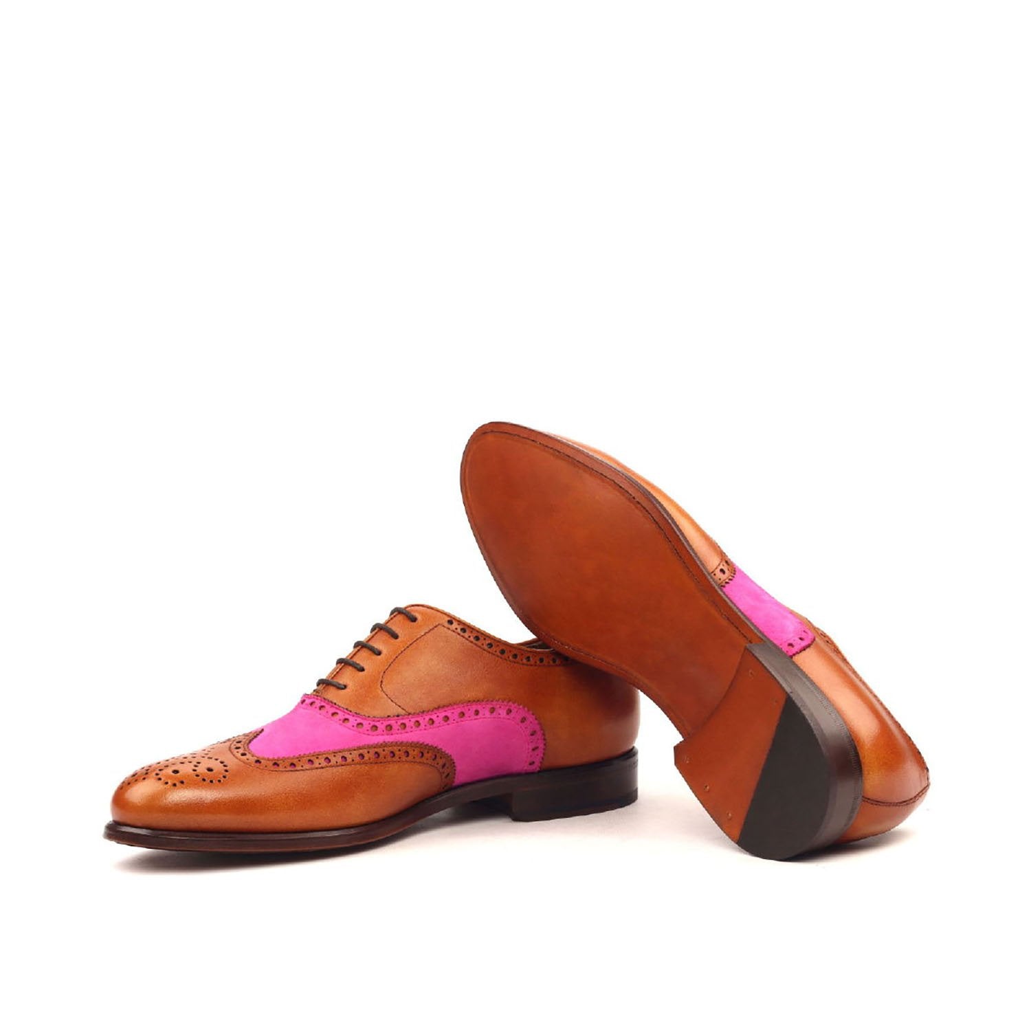 Ambrogio Bespoke Custom Men's Shoes Cognac & Fuschia Suede / Calf-Skin Leather Full Brogue Oxfords (AMB2152)