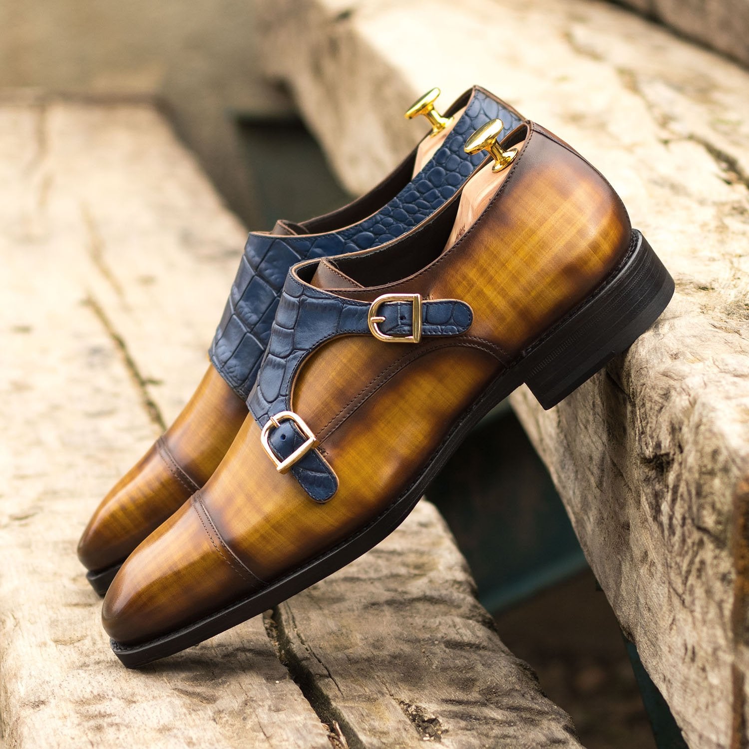 Ambrogio Bespoke Custom Men's Shoes Cognac & Navy Crocodile Print / Patina Leather Monk-Straps Loafers (AMB1912)