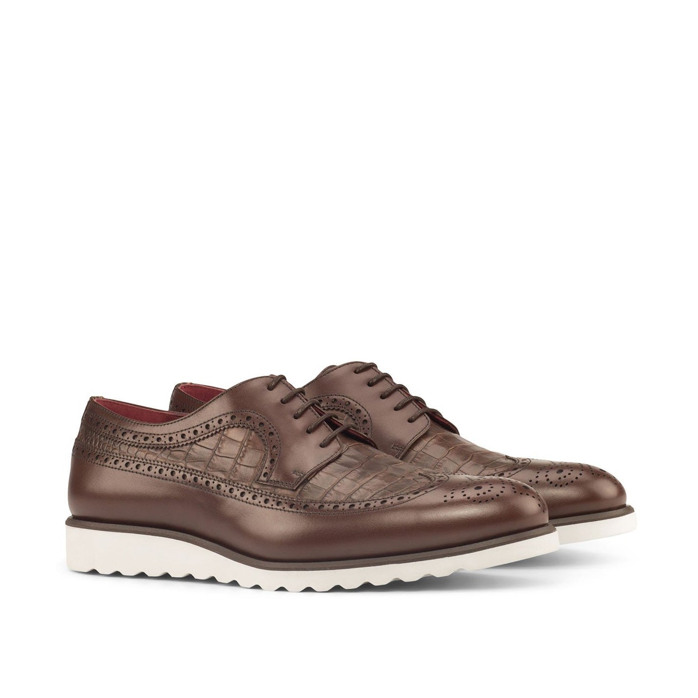 Ambrogio Bespoke Custom Men's Shoes Dark Brown Crocodile Print / Calf-Skin Leather Wingtip Oxfords (AMB1896)