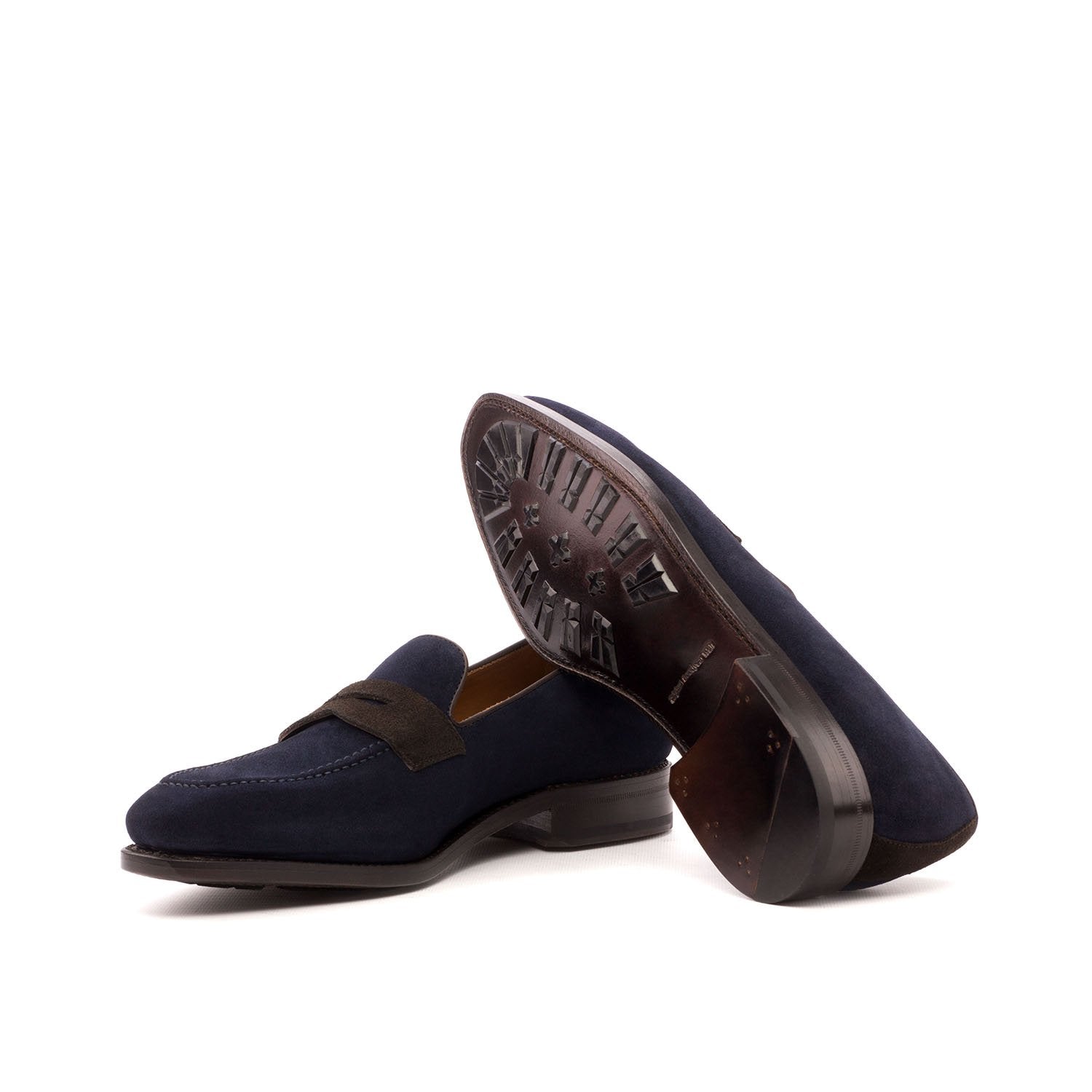 Ambrogio Bespoke Custom Men's Shoes Dark Brown & Navy Suede / Calf-Skin Leather Penny Loafers (AMB2115)