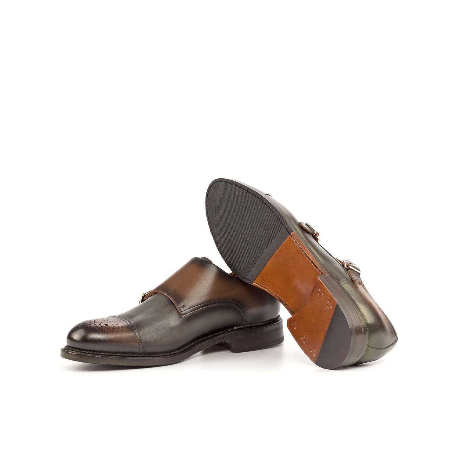 Ambrogio Bespoke Custom Men's Shoes Gray & Brown Calf-Skin Leather Monk-Straps Loafers (AMB1953)