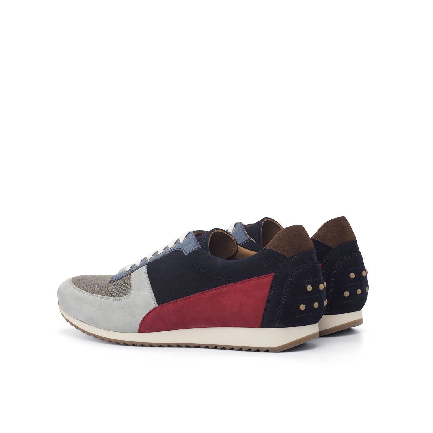 Ambrogio Bespoke Custom Men's Shoes Gray, Brown, Navy & Red Fabric / Suede / Pebble Grain Leather Sneakers (AMB1906)