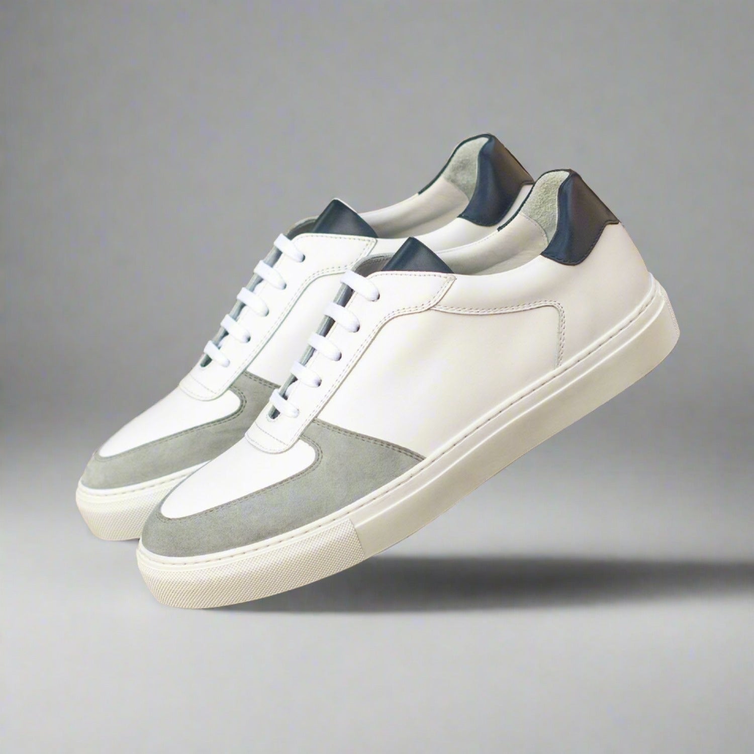 Ambrogio Bespoke Custom Men's Shoes Gray, White & Navy Suede / Calf-Skin Leather Casual Trainer Sneakers (AMB2011)