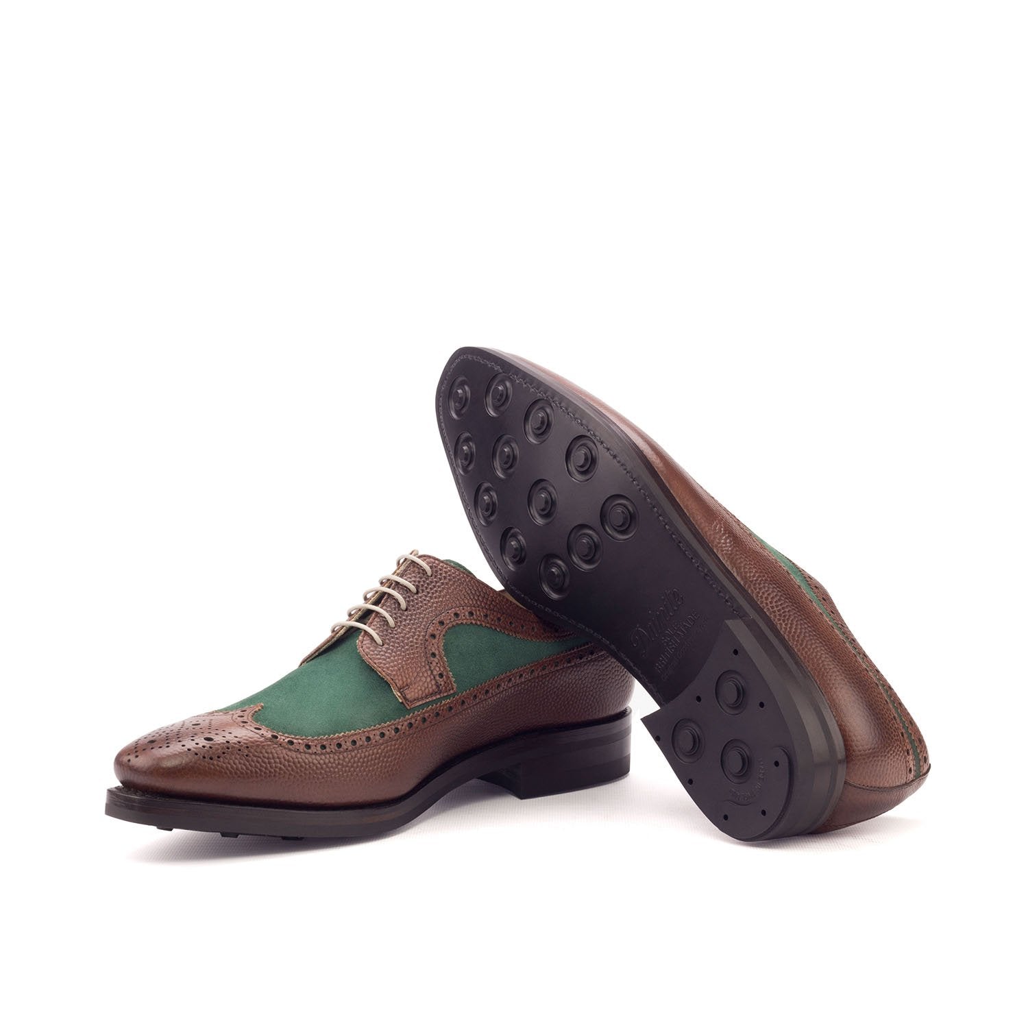 Ambrogio Bespoke Custom Men's Shoes Green & Brown Suede / Pebble Grain Leather Longwing Blucher Oxfords (AMB2166)