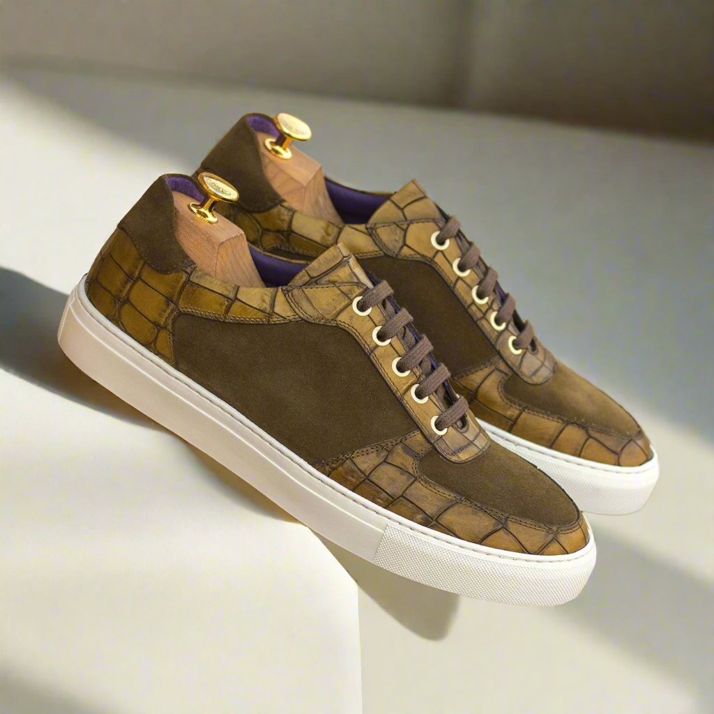 Ambrogio Bespoke Custom Men's Shoes Khaki & Olive Suede / Crocodile Print Leather Trainer Sneakers (AMB2231)