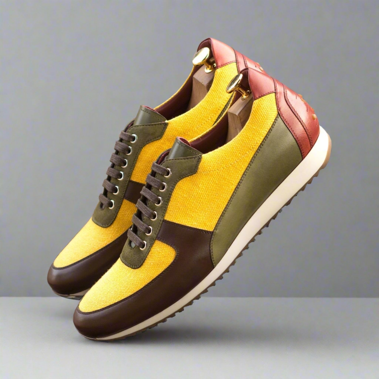 Ambrogio Bespoke Custom Men's Shoes Mustard, Brown, Green & Red Suede / Calf-Skin Leather Casual Sneakers (AMB2001)