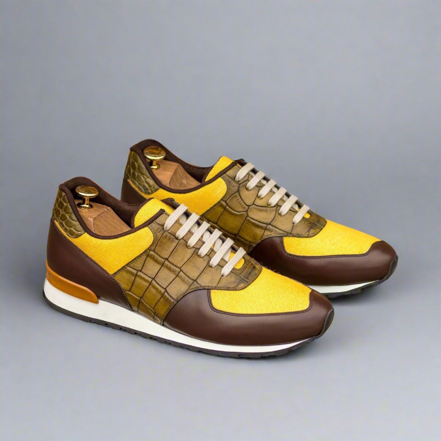 Ambrogio Bespoke Custom Men's Shoes Mustard, Brown & Olive Linen / Calf-Skin Leather Casual Sneakers (AMB1995)