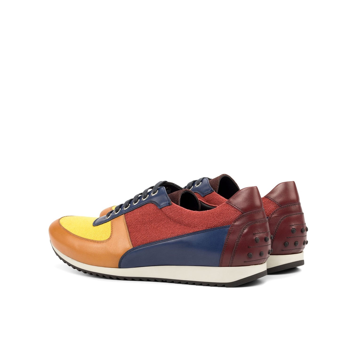 Ambrogio Bespoke Custom Men's Shoes Mustard, Red, Burgundy, Cognac & Navy Fabric / Suede / Calf-Skin Leather Casual Sneakers (AMB1955)