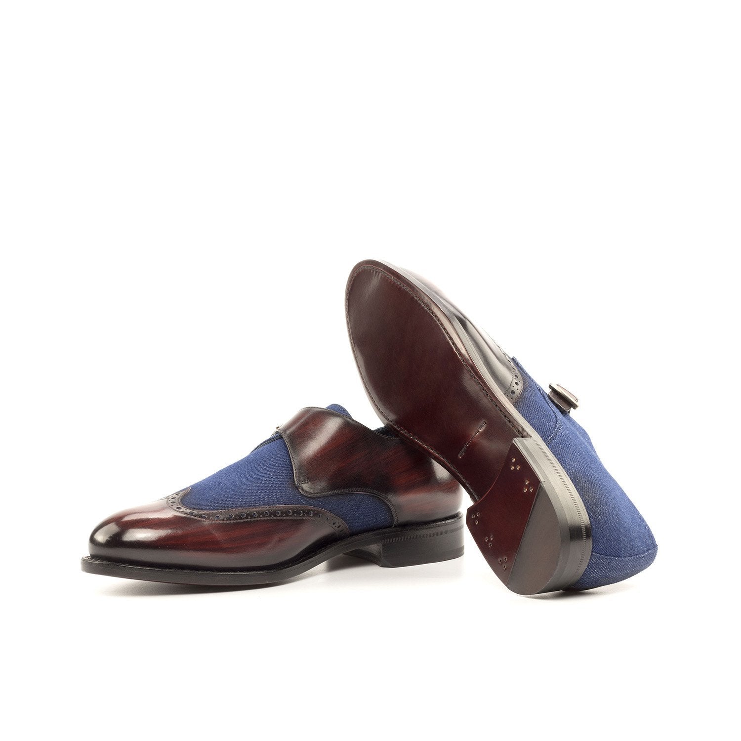 Ambrogio Bespoke Custom Men's Shoes Navy & Burgundy Jeans Fabric / Patina Leather Monk-Strap Loafers (AMB2194)