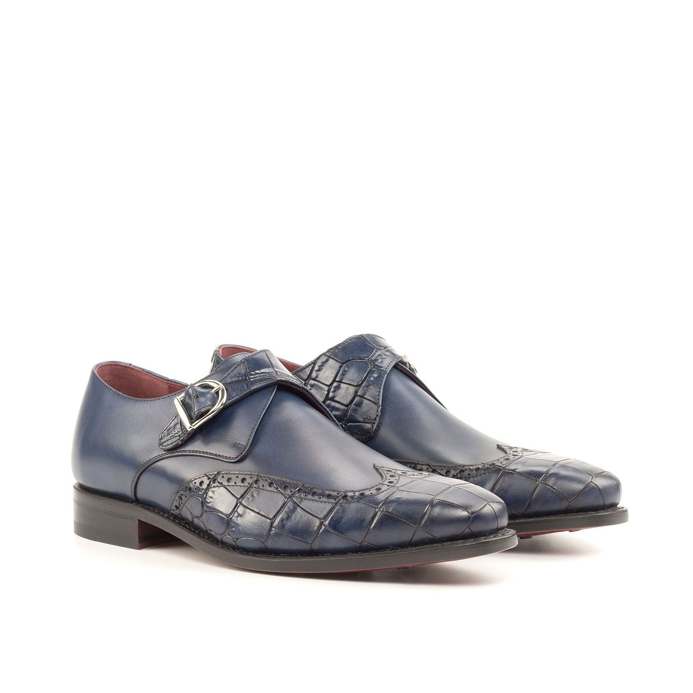 Ambrogio Bespoke Custom Men's Shoes Navy Crocodile Print & Calf-Skin Leather Monk-Strap Loafers (AMB2193)