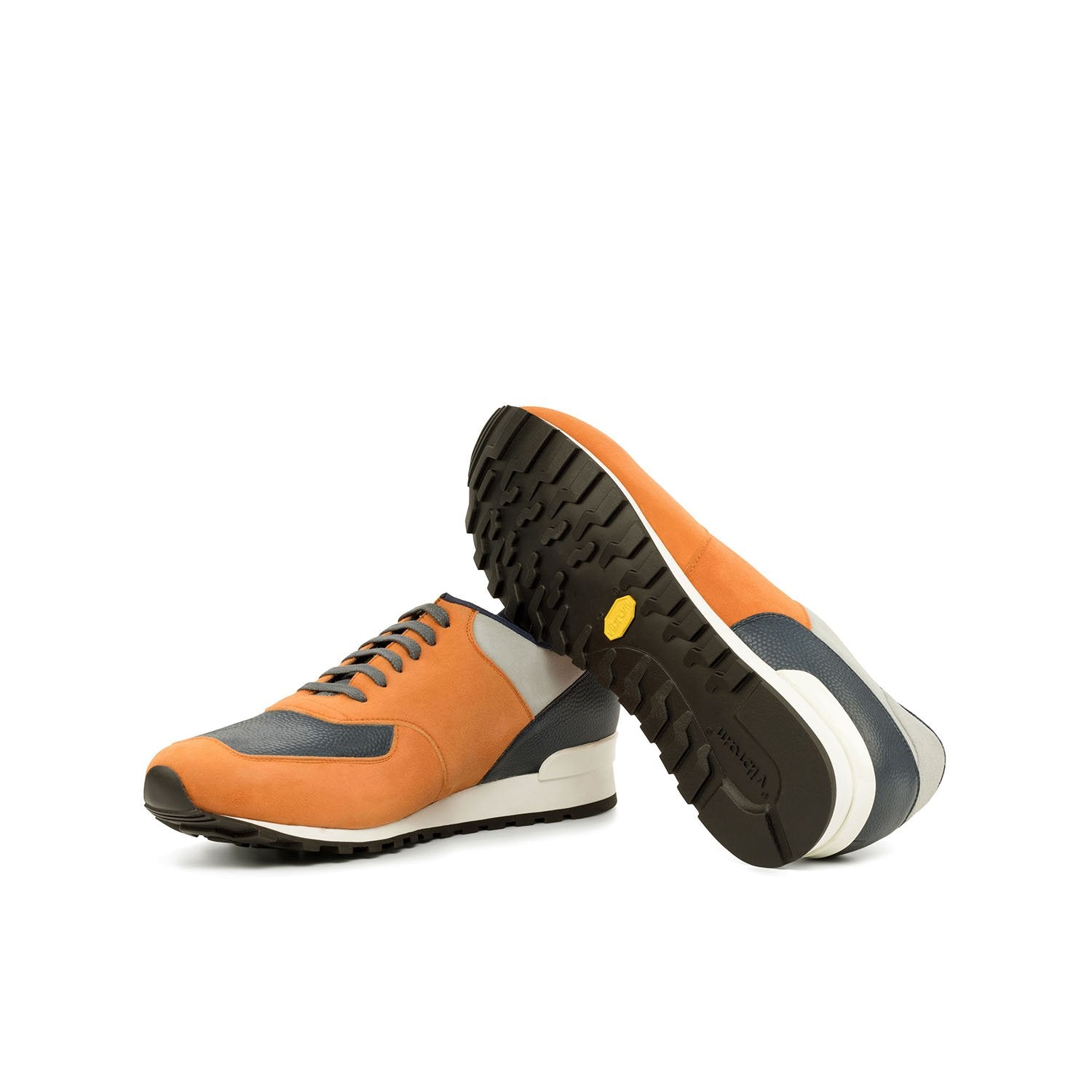 Ambrogio Bespoke Custom Men's Shoes Orange, Gray & Navy Suede / Pebble Grain Leather Sneakers (AMB1908)