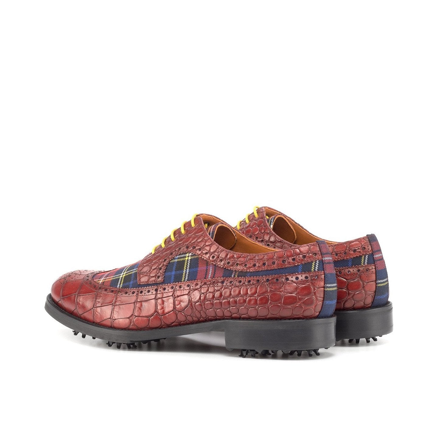 Ambrogio Bespoke Custom Men's Shoes Red Combination Tartan Fabric / Crocodile Print Leather Golf Longwing Blucher Oxfords (AMB2219)