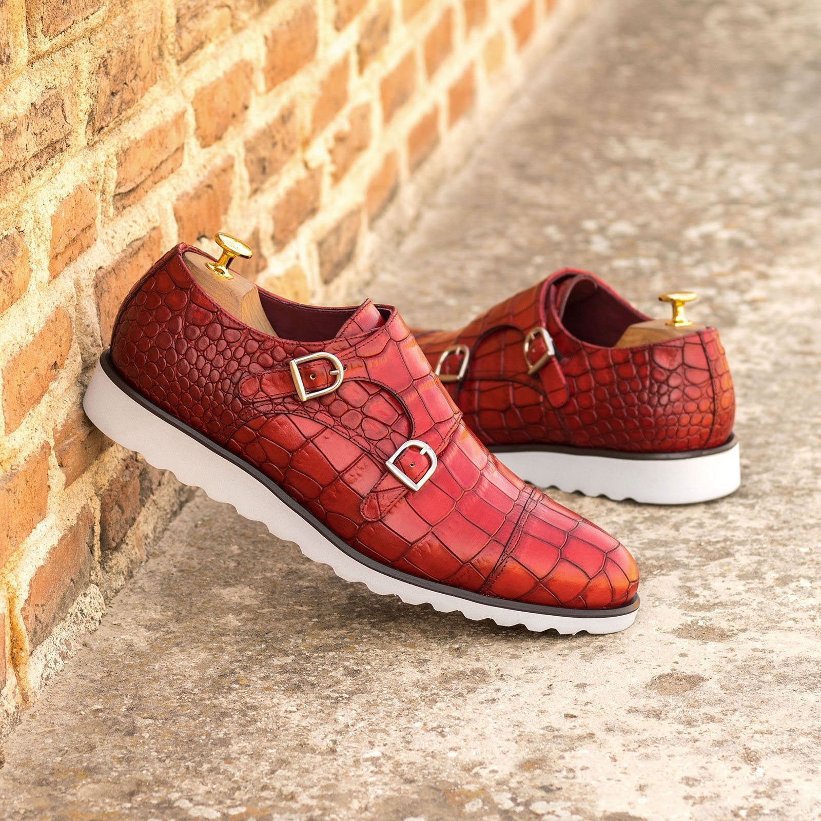 Ambrogio Bespoke Custom Men's Shoes Red Crocodile Print Monk-Straps Loafers (AMB2211)