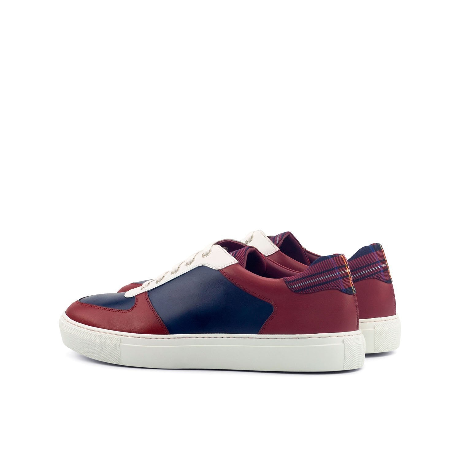 Ambrogio Bespoke Custom Men's Shoes Red, Navy & White Tartan Fabric / Calf-Skin Leather Trainer Sneakers (AMB2123)