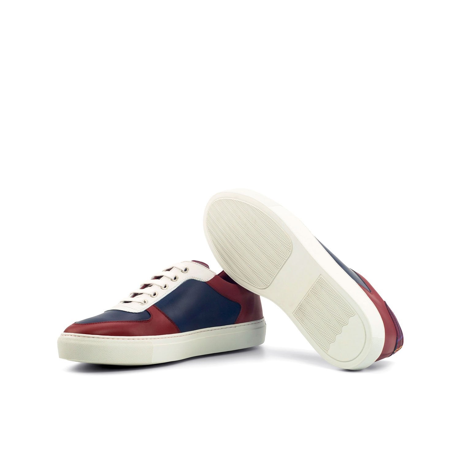 Ambrogio Bespoke Custom Men's Shoes Red, Navy & White Tartan Fabric / Calf-Skin Leather Trainer Sneakers (AMB2123)