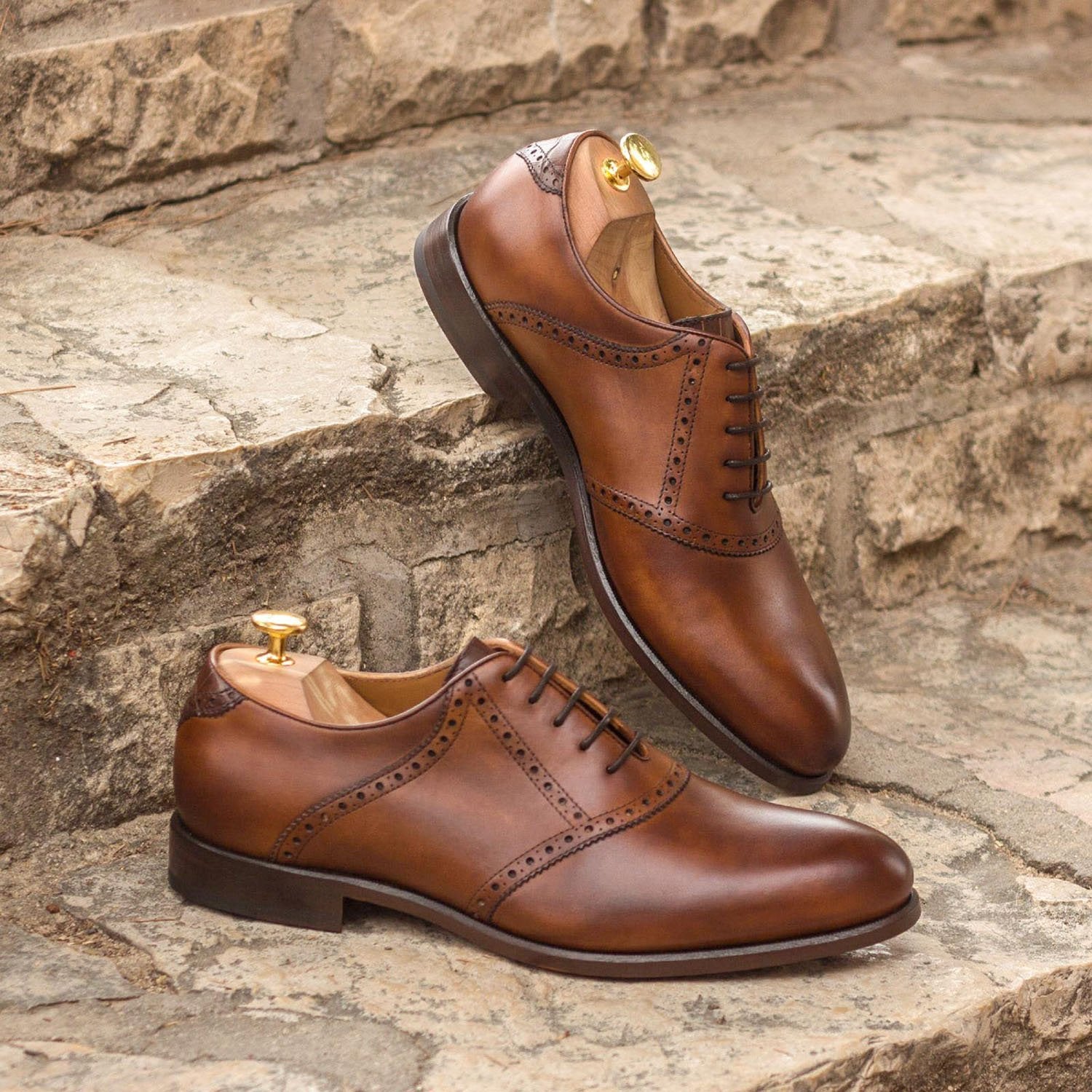 Ambrogio Bespoke Custom Men's Shoes Two-Tone Brown Crocodile Print / Calf-Skin Leather Saddle Oxfords (AMB1895)