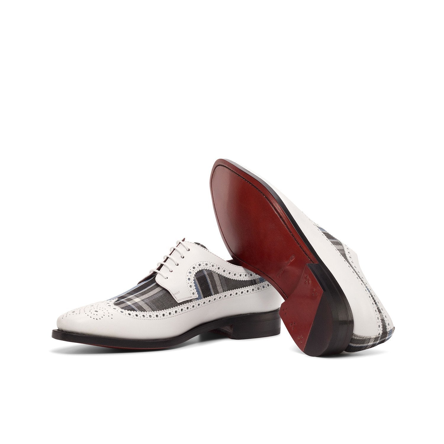 Ambrogio Bespoke Custom Men's Shoes White, Gray & Blue Plaid Fabric / Box Calf-Skin Leather Longwing Blucher Oxfords (AMB2199)